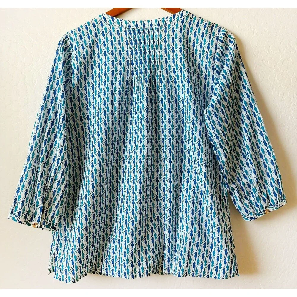 NWT TALBOTS MP Medium Petite Popover Tunic Top Seahorse Print Blue Beachy Cotton